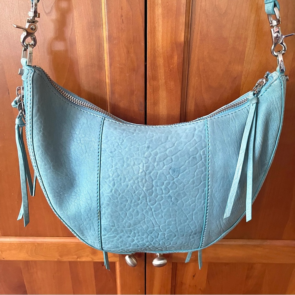 Botkier Croc Embossed Leather Crossbody Bag With Tassels In Light Blue Color - Picture 3 of 10